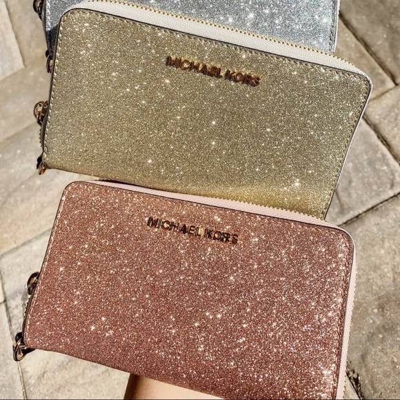 Michael Kors Rose Gold Glitter Phn Case Zip Wallet - Picture 6 of 6